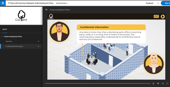 Animated AI Characters having a dialogue in a corporate e-learning module.