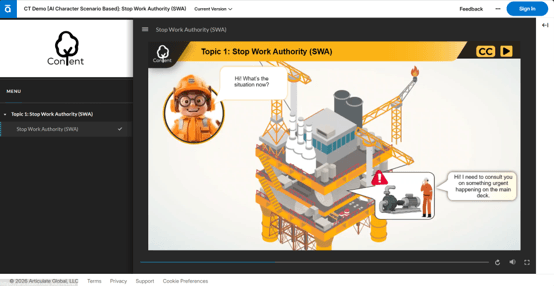 Animated AI Characters having a dialogue in a corporate e-learning module.